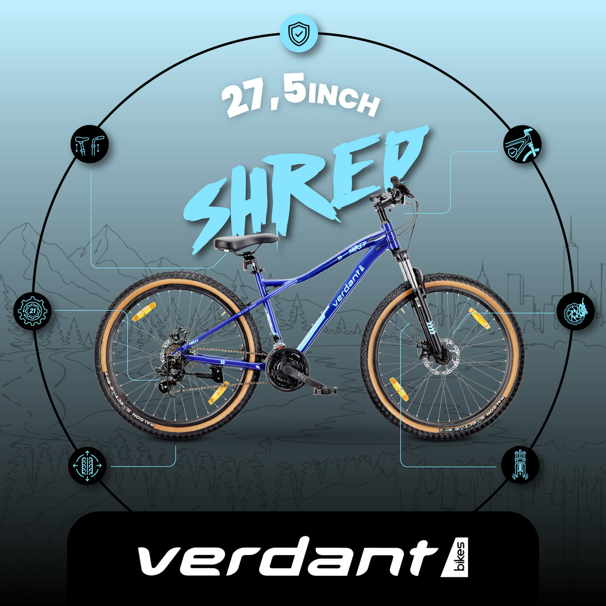 Rower górski Verdant Shred 27,5 cali, rama aluminiowa, 7 biegów Shimano, hamulce tarczowe, niebieski II gatunek