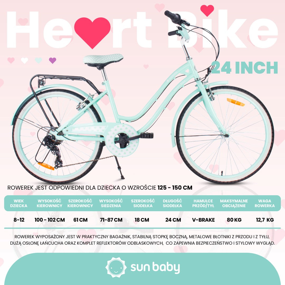 Rower młodzieżowy 24 cale dla dziewczynki miejski na komunię Shimano 7 biegów Heart Bike miętowy II gatunek