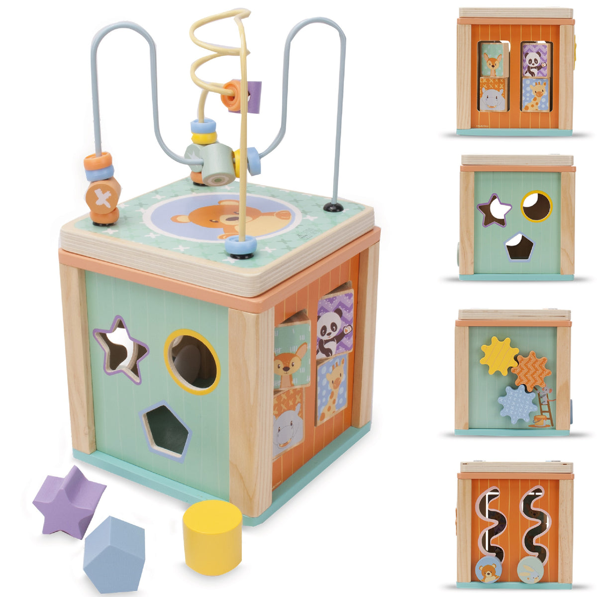 Sun Baby drewniana kostka edukacyjna Montessori 12m+ sorter, pętla motoryczna, zębatki, labirynt 15,5x15,5x30 cm