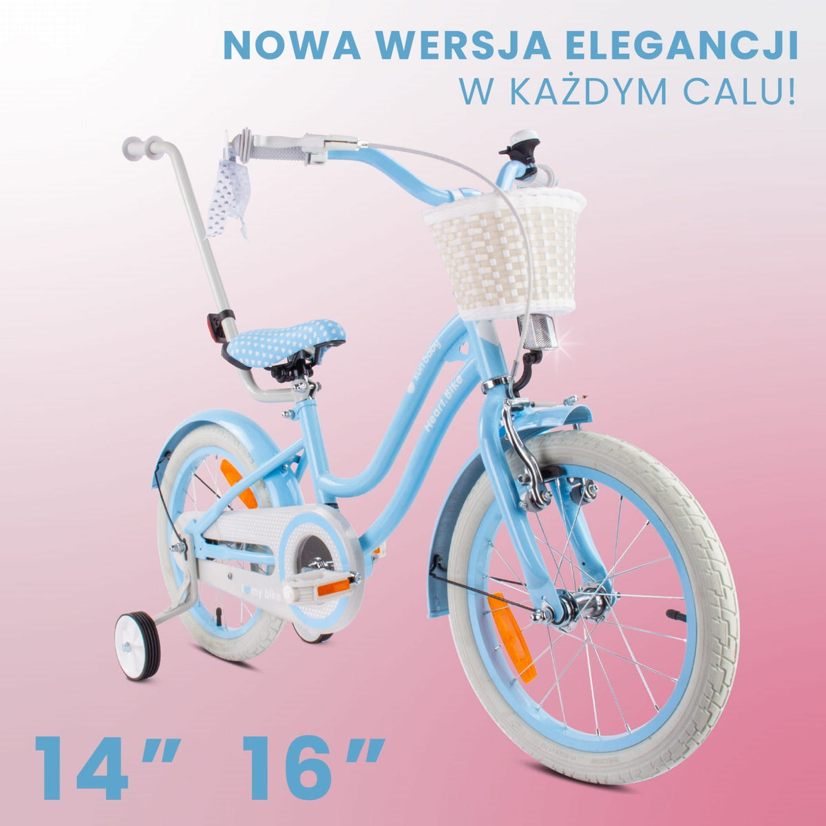 Rower dziecięcy 16 cali dla dziewczynki Pchacz Koszyk Kółka boczne 4-6 lat Silver Moon błękitny Sun Baby II gatunek