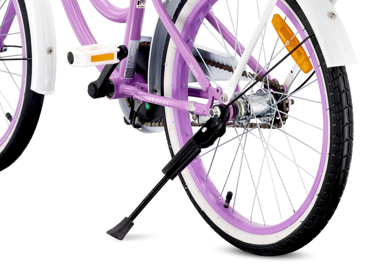 Rower 20 cali dziecięcy dla dziewczynki 5 6 7 8 lat Bagażnik Stopka Dzwonek Heart Bike fioletowy II gatunek
