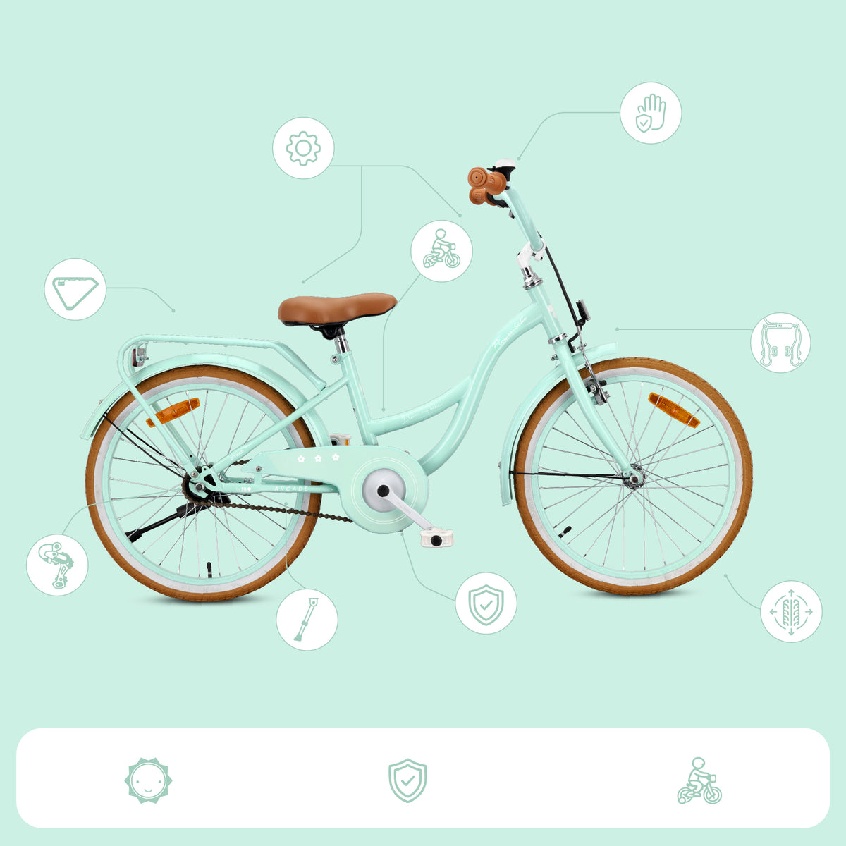Rower dziecięcy 20 cali dla dziewczynki 6 7 8 lat Bagażnik Stopka Koszyk Flower Retro bike miętowy II gatunek