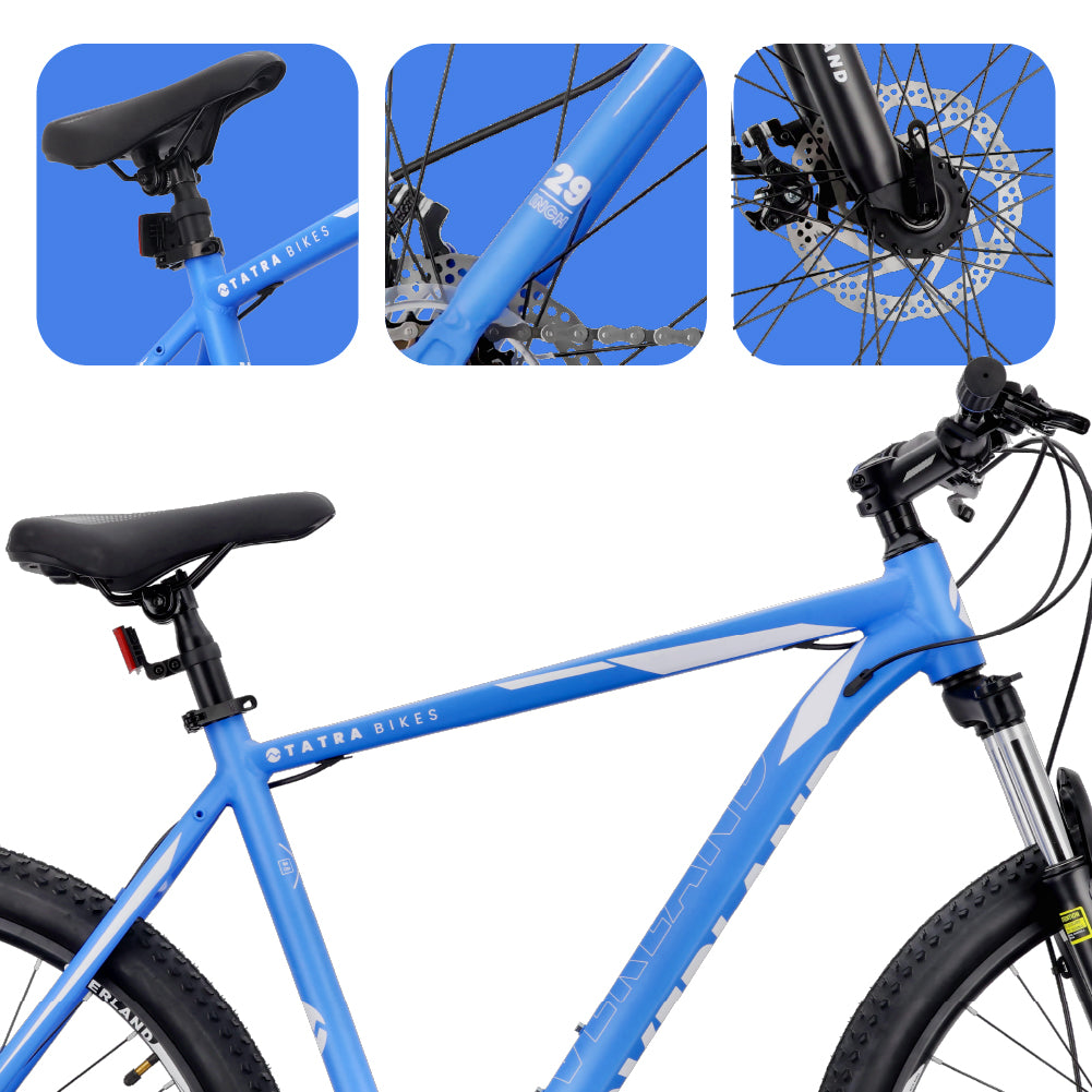 Rower górski MTB 29 cali KENDA Shimano Aluminium Lekki 21 biegów Amortyzator Hamulce tarczowe Rama L 21 cali Tatra Bikes Overland niebieski  matowy II gatunek