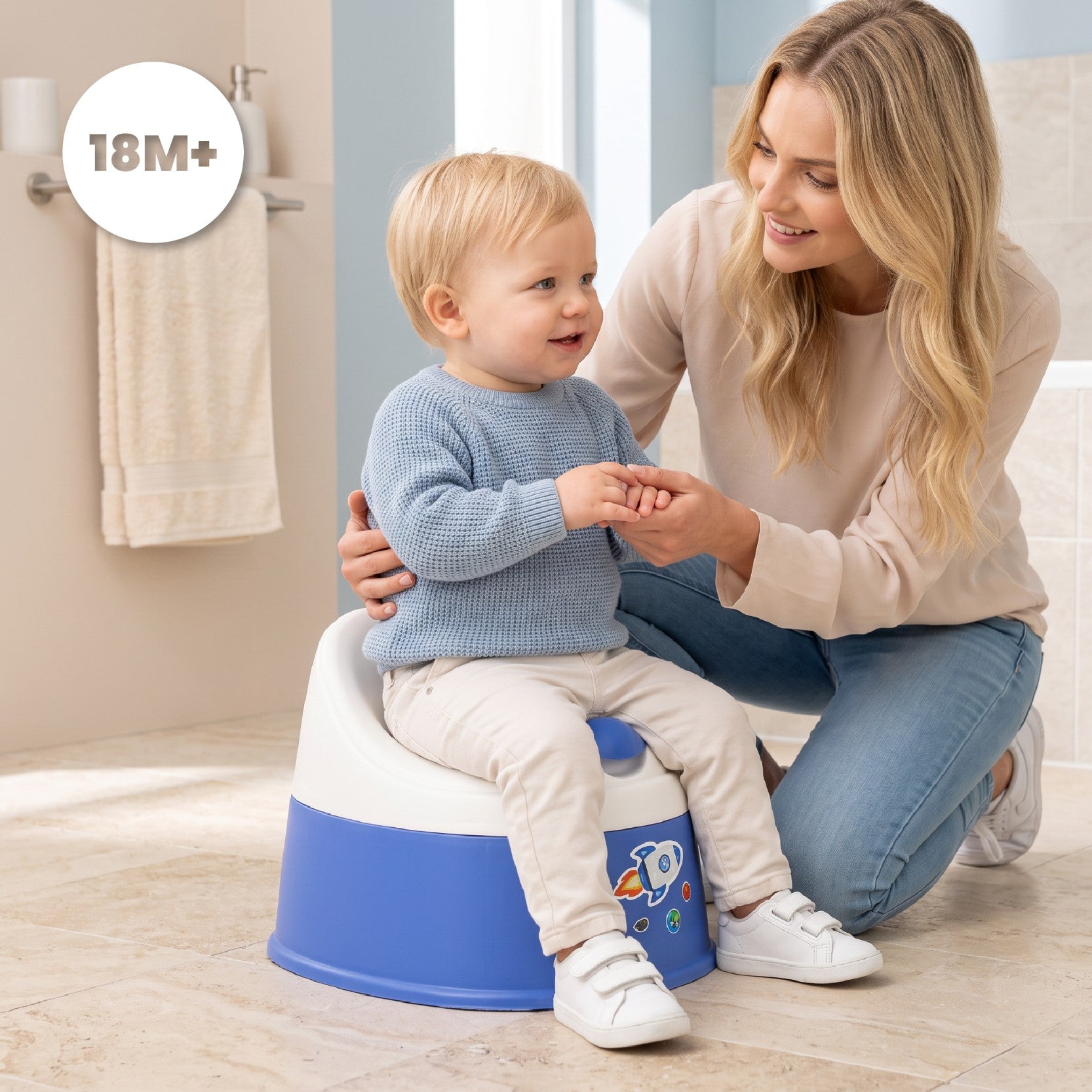 Sun Baby NESTPOT nocnik dla dzieci, antypoślizgowy, z wyjmowanym wkładem, lekki i wysoki, wygodne oparcie, 37 cm, do 15 kg, niebiesko-biały