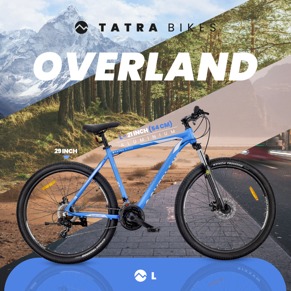Rower górski MTB 29 cali KENDA Shimano Aluminium Lekki 21 biegów Amortyzator Hamulce tarczowe Rama L 21 cali Tatra Bikes Overland niebieski  matowy II gatunek
