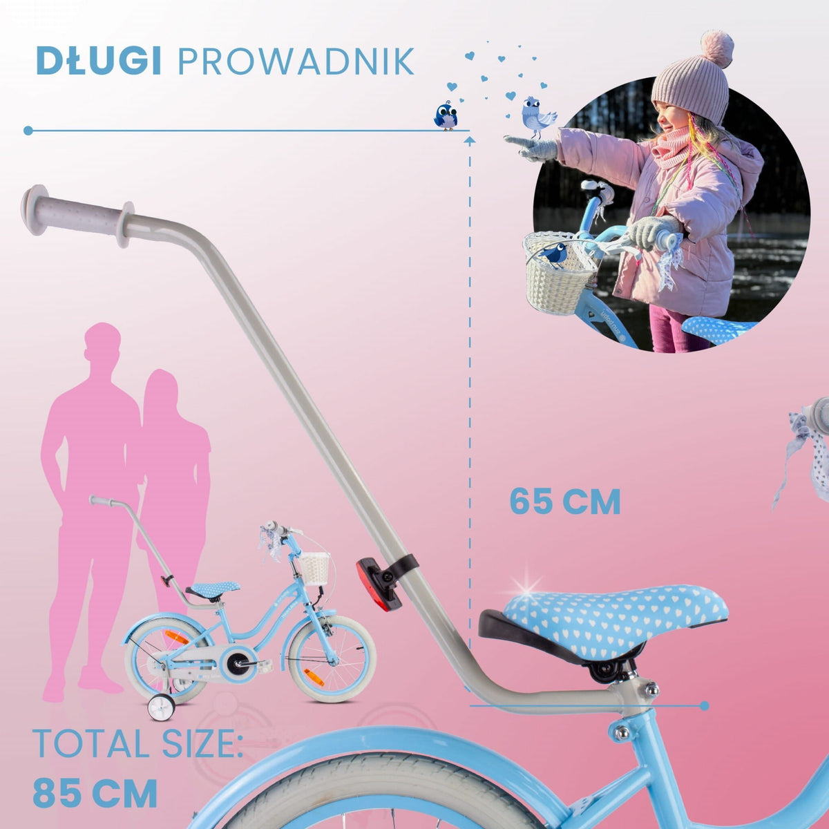 Rower dziecięcy 16 cali dla dziewczynki Pchacz Koszyk Kółka boczne 4-6 lat Silver Moon błękitny Sun Baby II gatunek