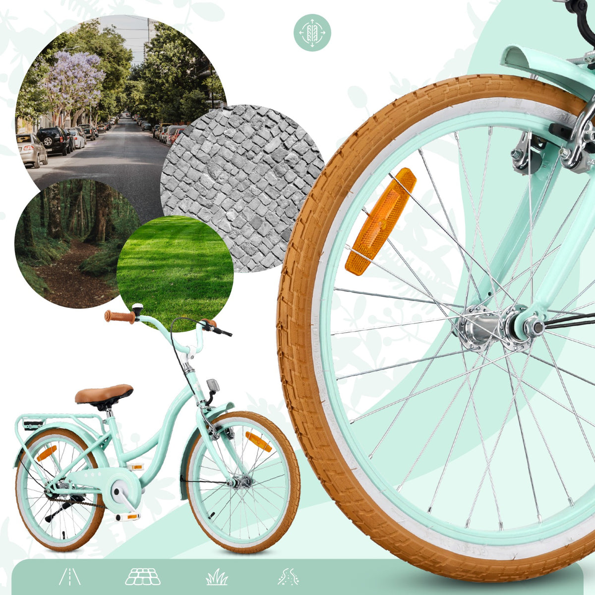 Rower dziecięcy 20 cali dla dziewczynki 6 7 8 lat Bagażnik Stopka Koszyk Flower Retro bike miętowy II gatunek
