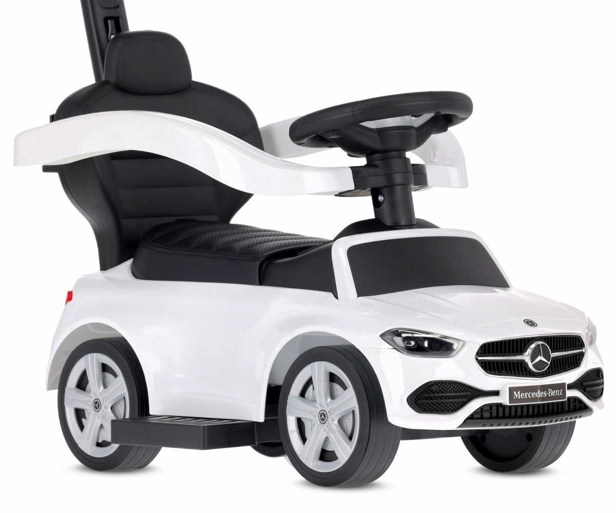 Sun Baby jeździk Mercedes C-Class z popychaczem, barierką i podnóżkami, koła PU, siedzisko ze skóry PU, biały