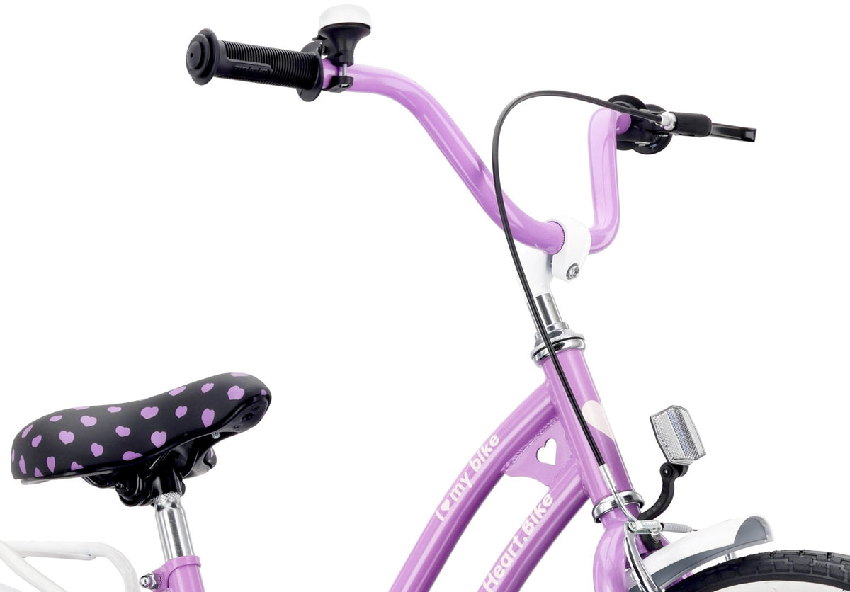 Rower 20 cali dziecięcy dla dziewczynki 5 6 7 8 lat Bagażnik Stopka Dzwonek Heart Bike fioletowy II gatunek