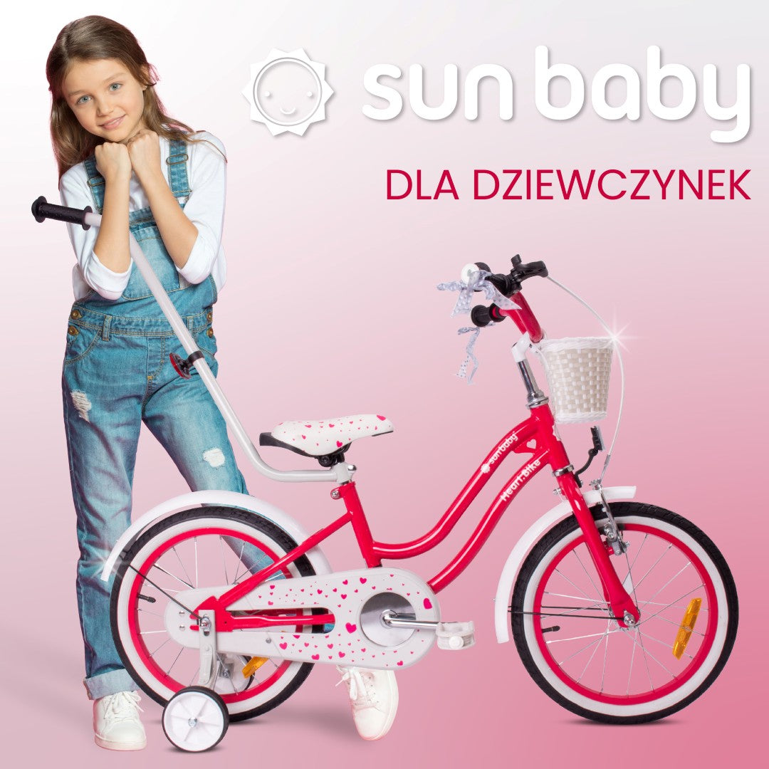 16-Zoll-Kinderfahrrad für Mädchen mit Schiebekorb und Seitenrädern, 4-6 Jahre, Heart Bike Himbeere, Sun Baby II Klasse