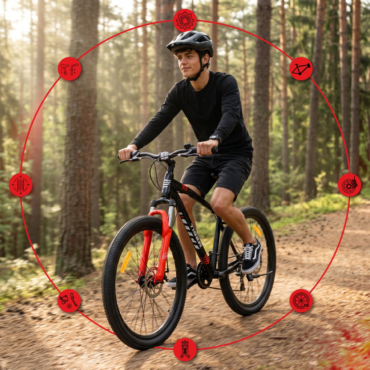 Rower górski MTB 26 cali Tiger Bike Shimano 7 biegów Amortyzator Szerokie opony Hamulce tarczowe Rower terenowy czarny-czerwony II gatunek