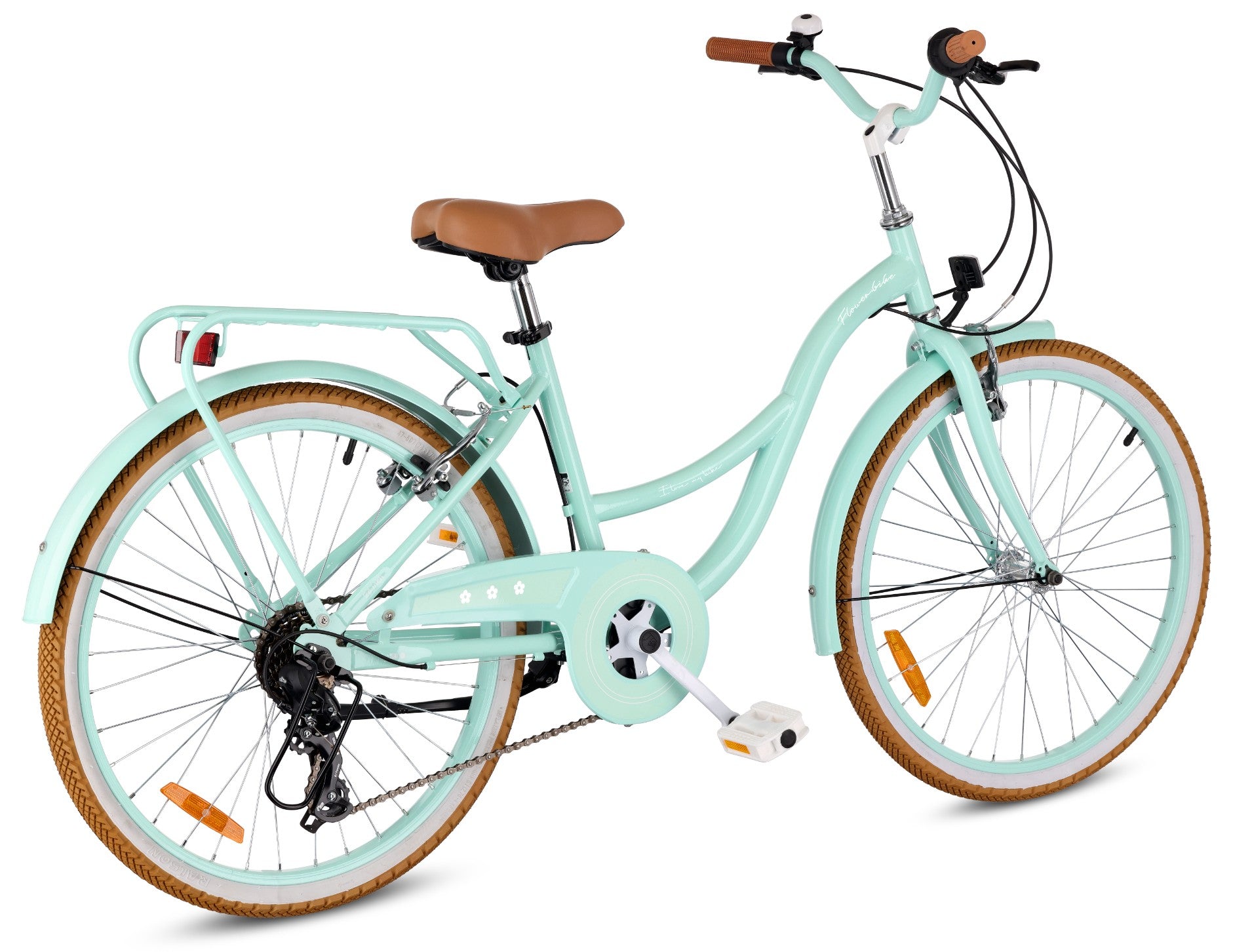 Rower 24 cale dla dziewczynki miejski na komunię Bagażnik Stopka Shimano 7 biegów Flower Retro bike miętowy