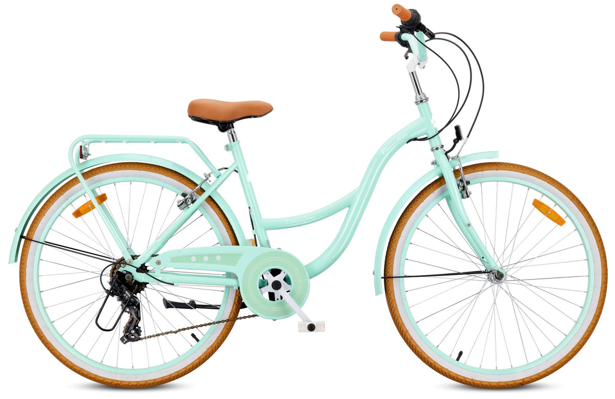 Rower dziecięcy Flower Bike 26 cali, 7 biegów Shimano, hamulce V-brake, Retro miętowy II gatunek