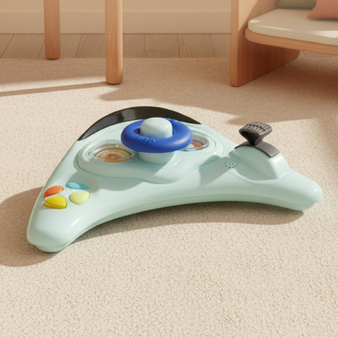 Interactive baby walker for learning to walk, height adjustment, handlebar, stoppers, turquoise gray