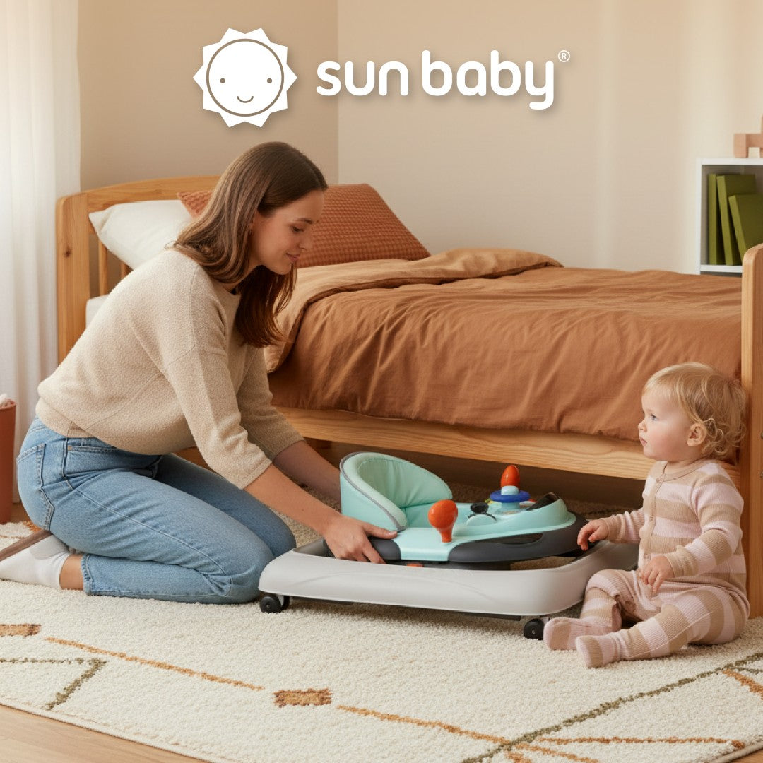 Interactive baby walker for learning to walk, height adjustment, handlebar, stoppers, turquoise gray