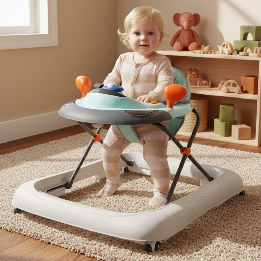 Interactive baby walker for learning to walk, height adjustment, handlebar, stoppers, turquoise gray