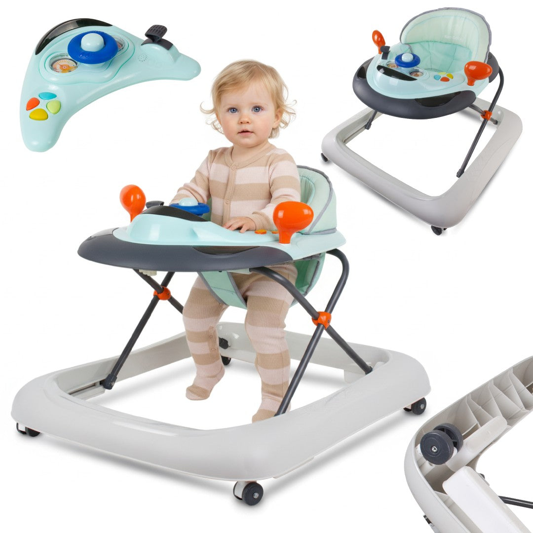 Interactive baby walker for learning to walk, height adjustment, handlebar, stoppers, turquoise gray