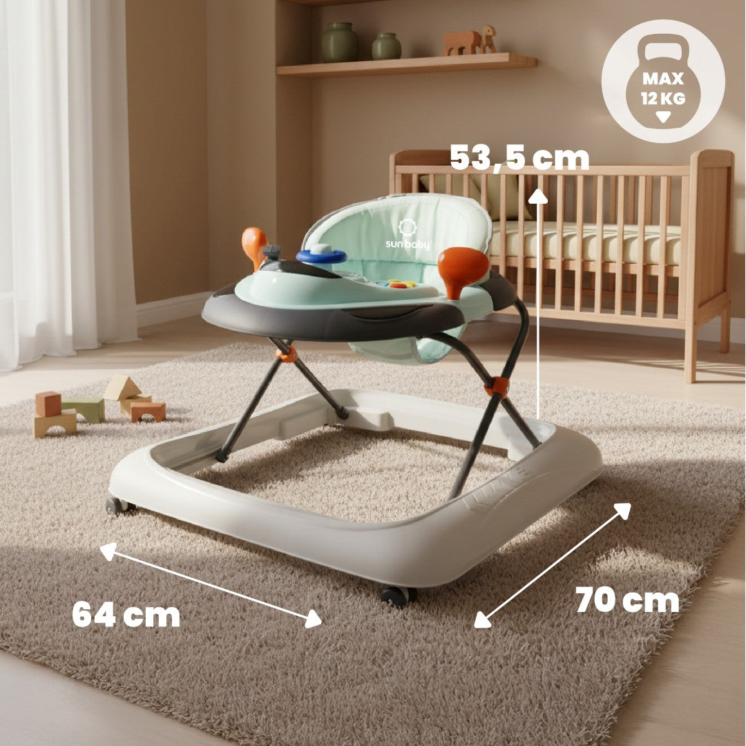 Interactive baby walker for learning to walk, height adjustment, handlebar, stoppers, turquoise gray