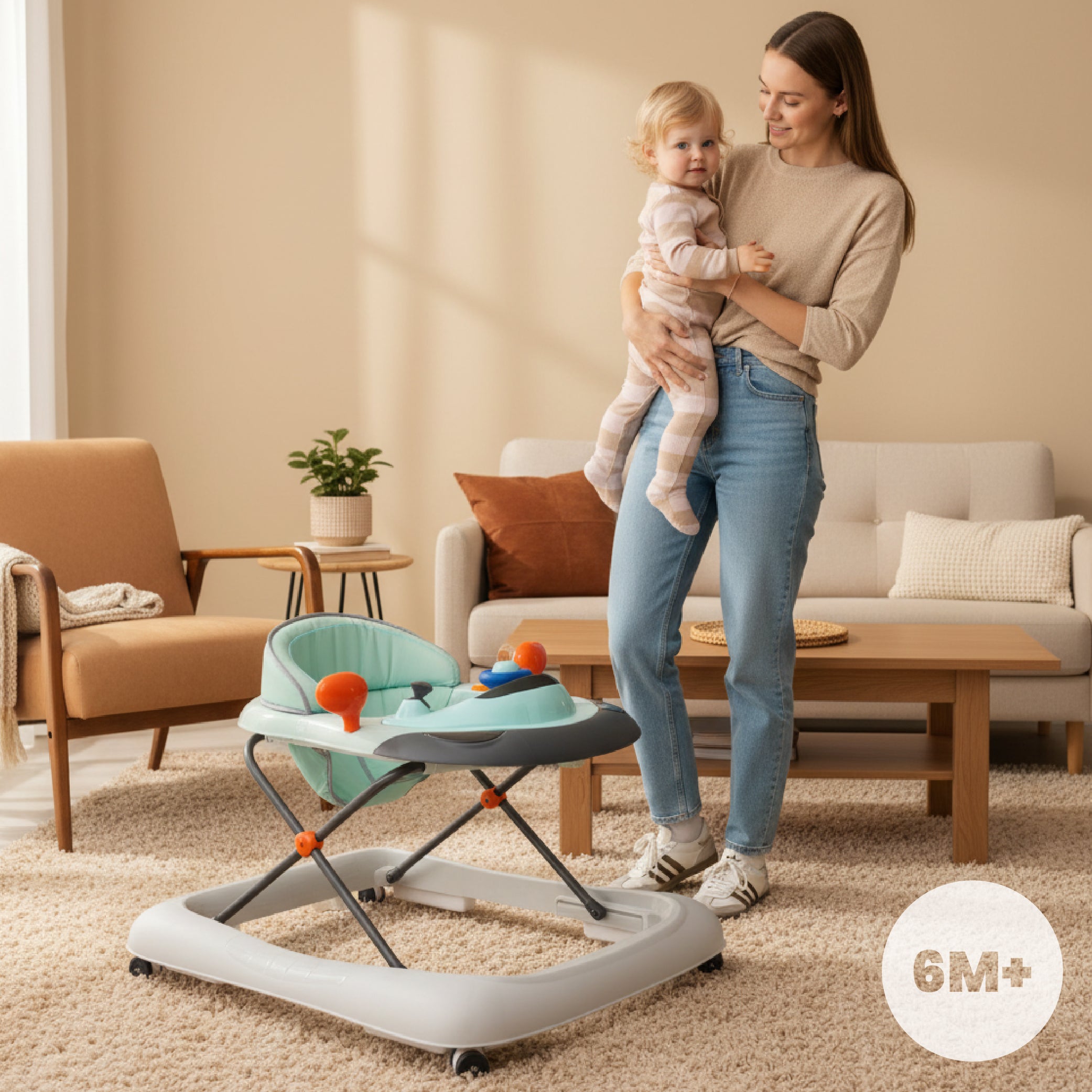 Interactive baby walker for learning to walk, height adjustment, handlebar, stoppers, turquoise gray