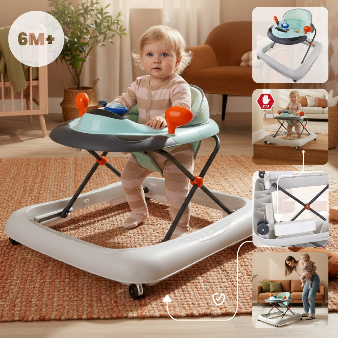 Interactive baby walker for learning to walk, height adjustment, handlebar, stoppers, turquoise gray