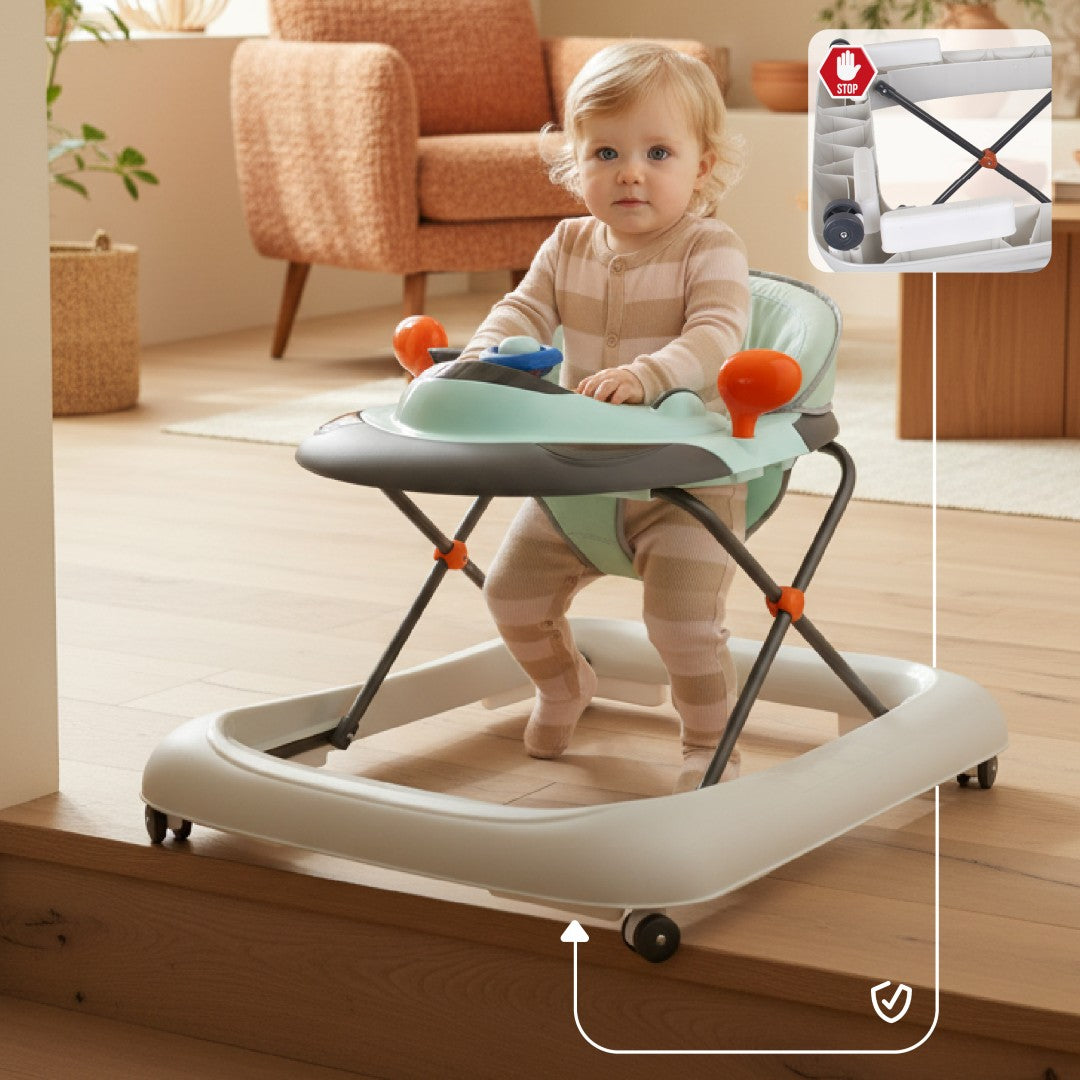 Interactive baby walker for learning to walk, height adjustment, handlebar, stoppers, turquoise gray