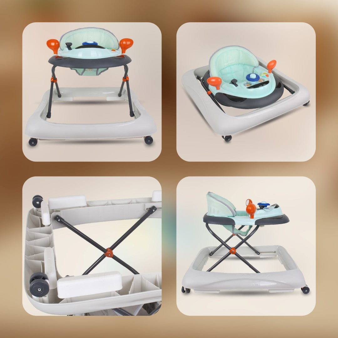 Interactive baby walker for learning to walk, height adjustment, handlebar, stoppers, turquoise gray