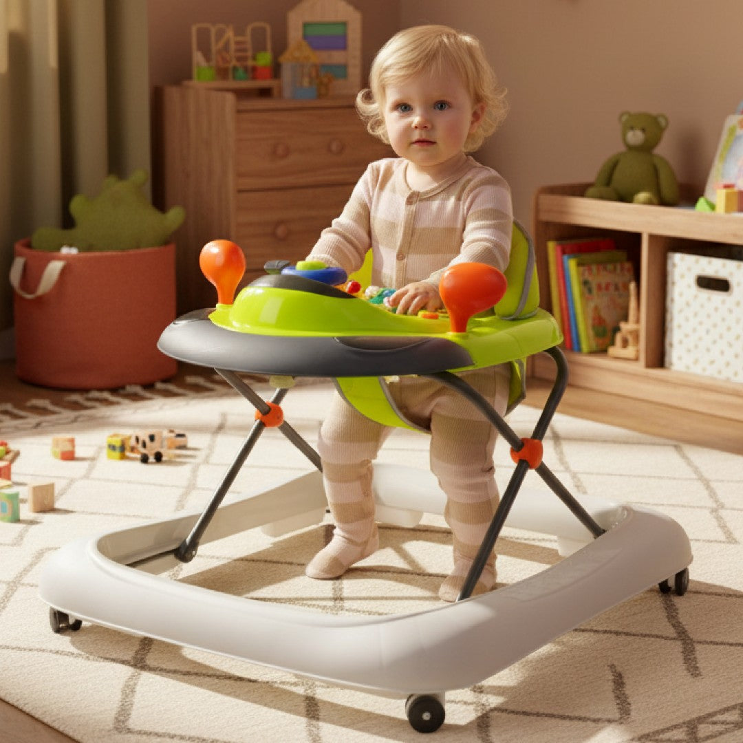 Interactive baby walker for learning to walk, height adjustable handlebar, stoppers, lemon gray