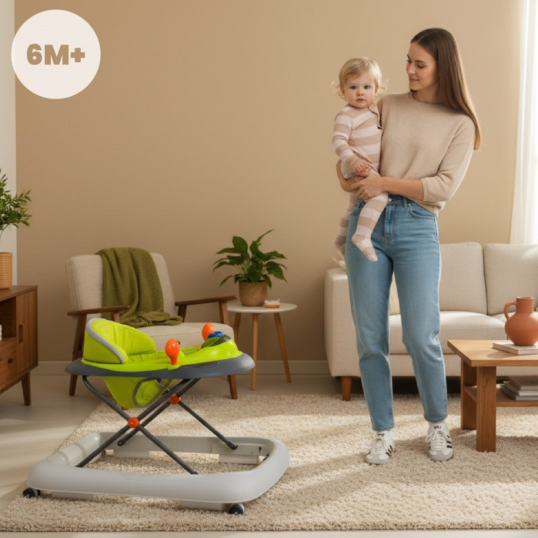 Interactive baby walker for learning to walk, height adjustable handlebar, stoppers, lemon gray