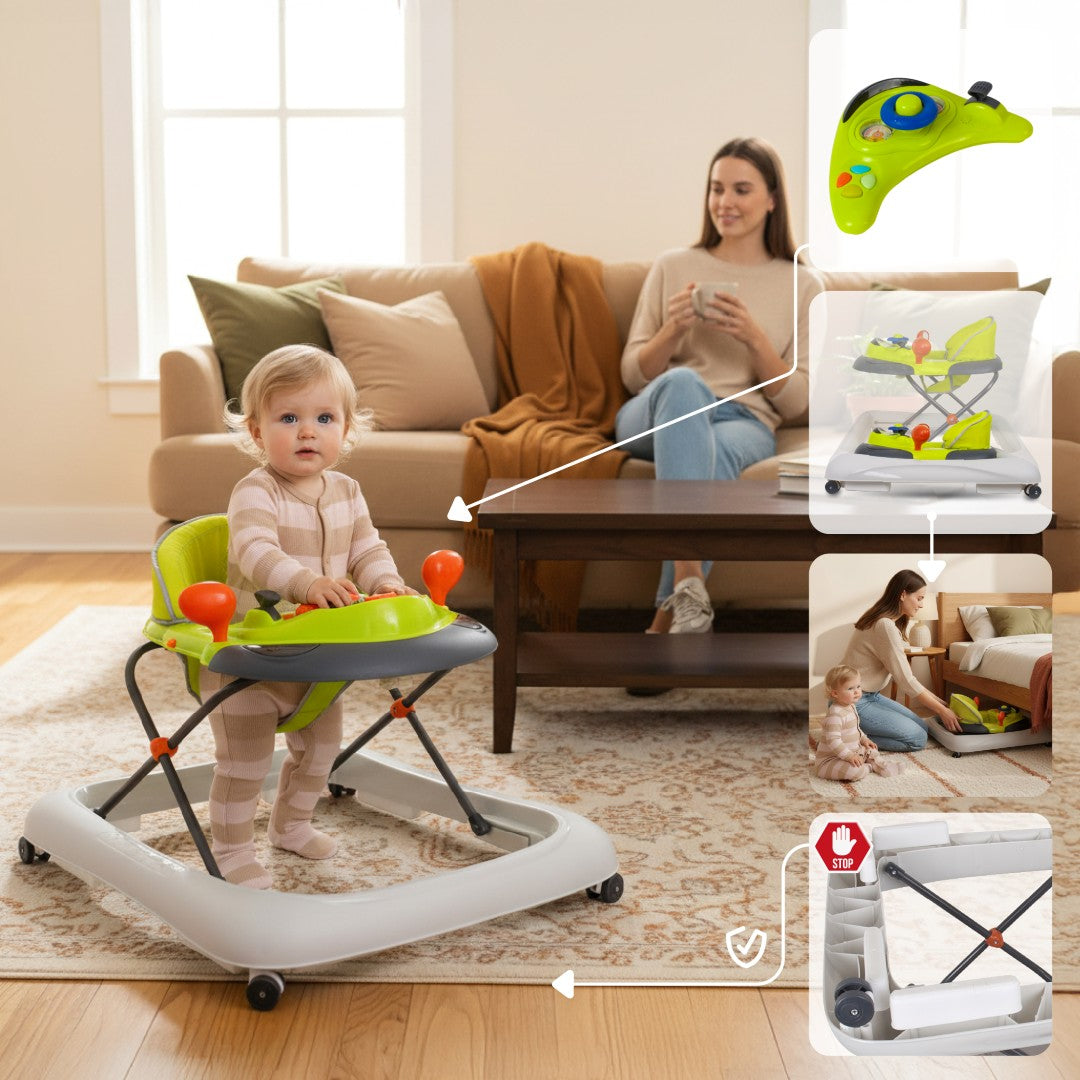 Interactive baby walker for learning to walk, height adjustable handlebar, stoppers, lemon gray