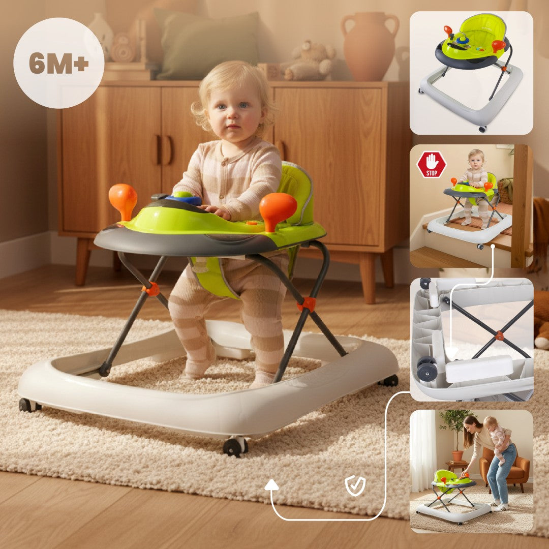 Interactive baby walker for learning to walk, height adjustable handlebar, stoppers, lemon gray