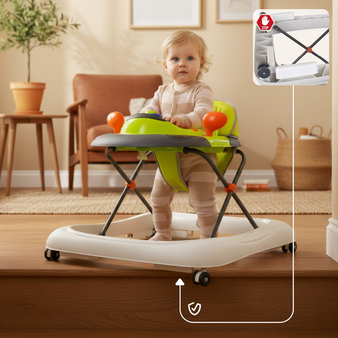 Interactive baby walker for learning to walk, height adjustable handlebar, stoppers, lemon gray