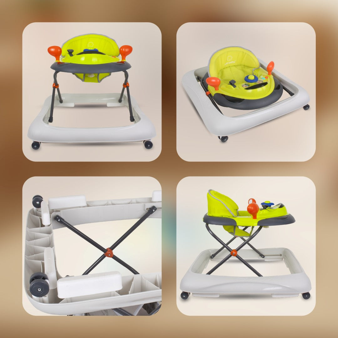 Interactive baby walker for learning to walk, height adjustable handlebar, stoppers, lemon gray
