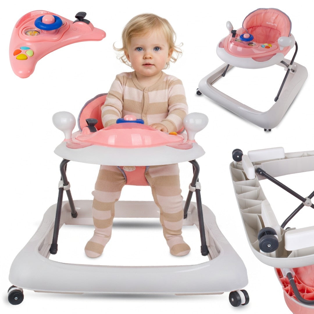 Chodzik dla dzieci interaktywny do nauki chodzenia regulacja wysokości kierownica stopery różowo szary