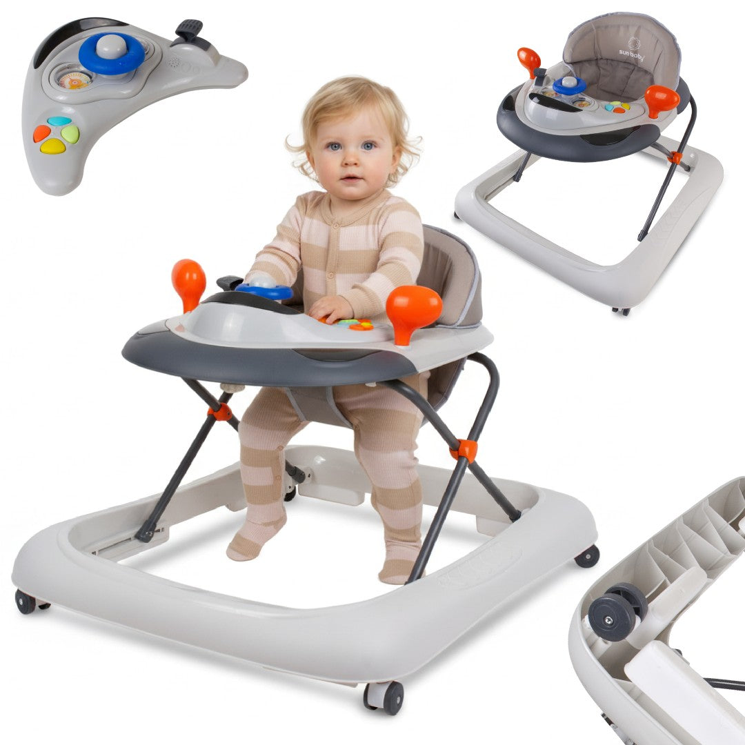 Chodzik dla dzieci interaktywny do nauki chodzenia regulacja wysokości kierownica stopery szary Sun Baby