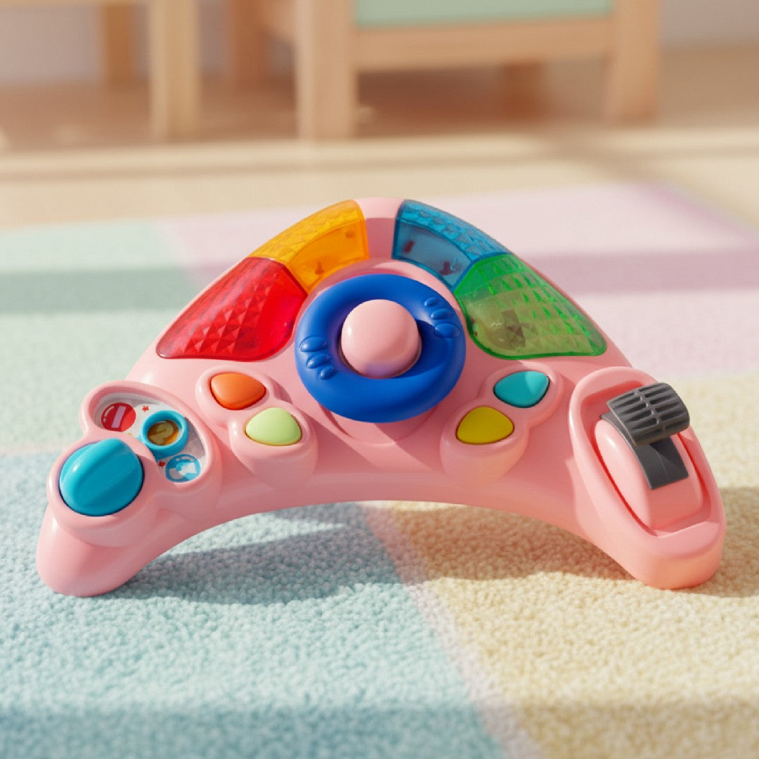 Interaktywny chodzik dla dziecka kołyska z kierownicą różowo szary