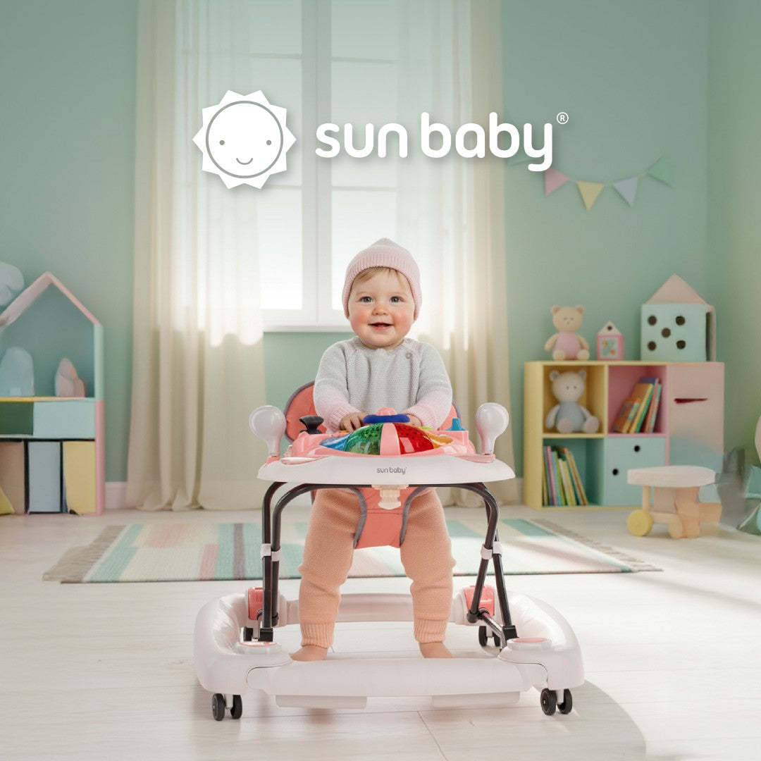 Interaktywny chodzik dla dziecka kołyska z kierownicą różowo szary