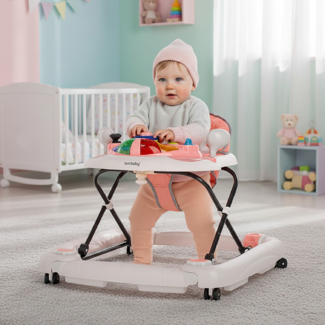 Interaktywny chodzik dla dziecka kołyska z kierownicą różowo szary