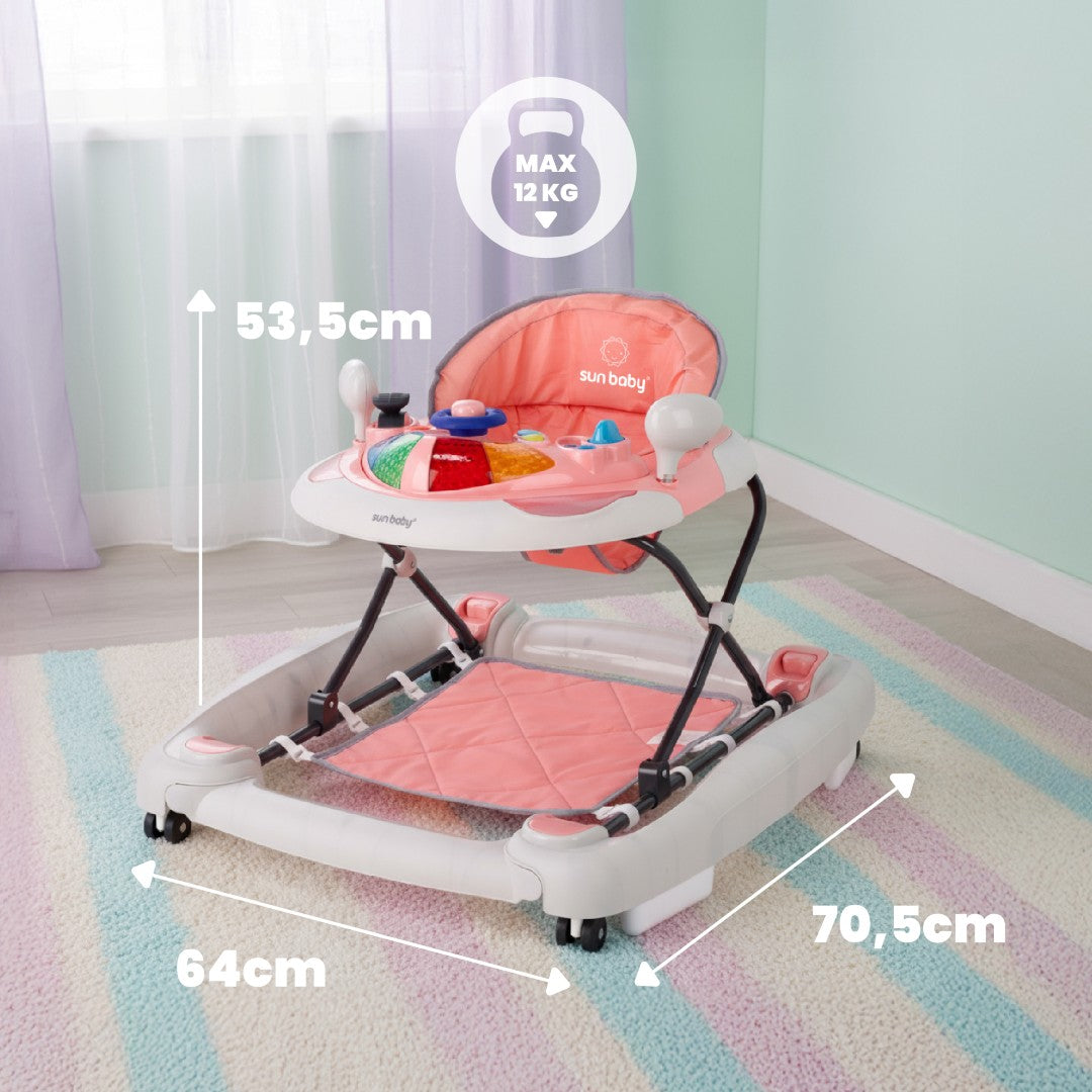 Interaktywny chodzik dla dziecka kołyska z kierownicą różowo szary