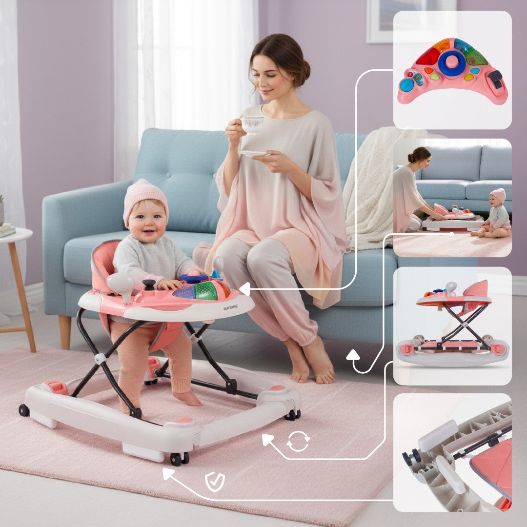 Interaktywny chodzik dla dziecka kołyska z kierownicą różowo szary