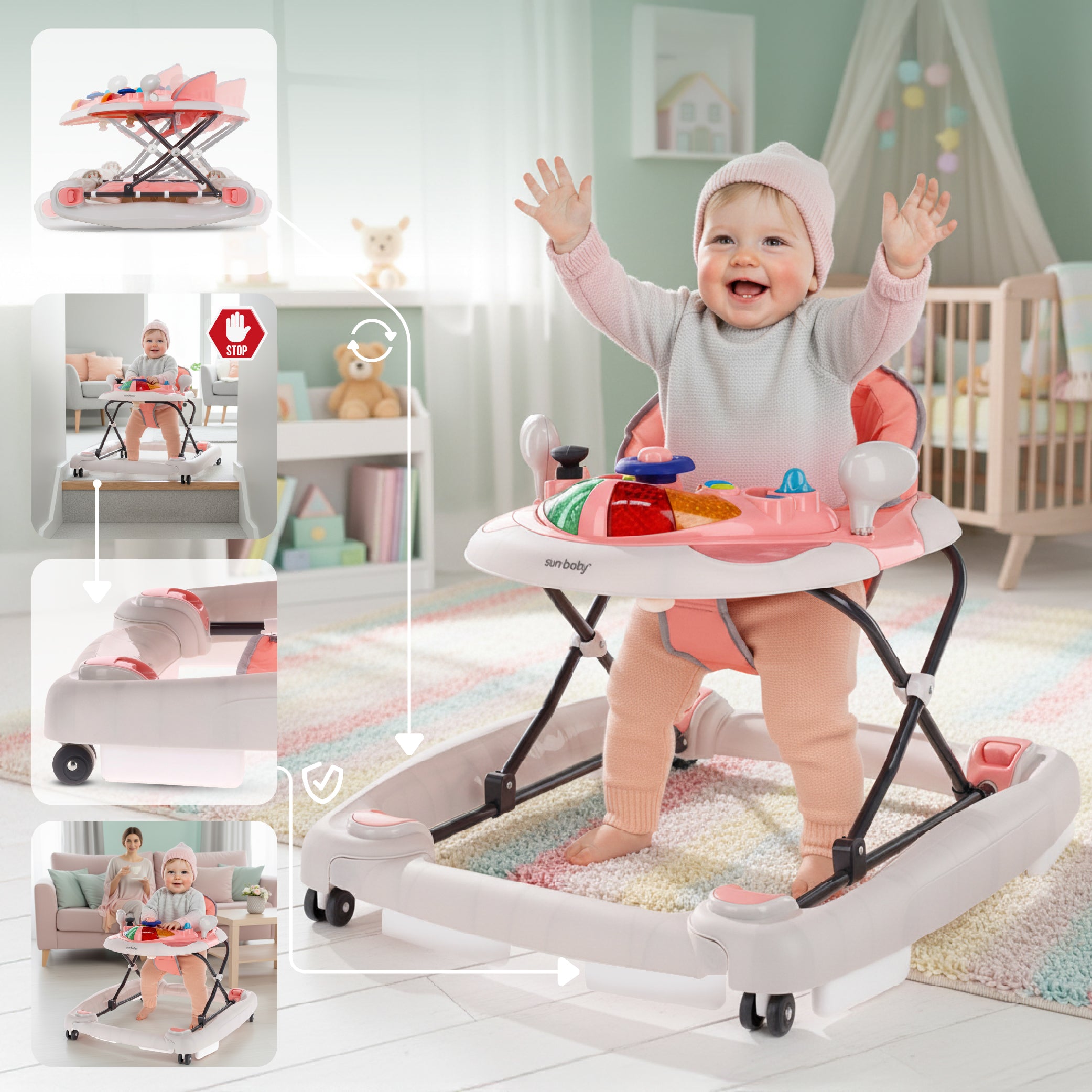 Interaktywny chodzik dla dziecka kołyska z kierownicą różowo szary