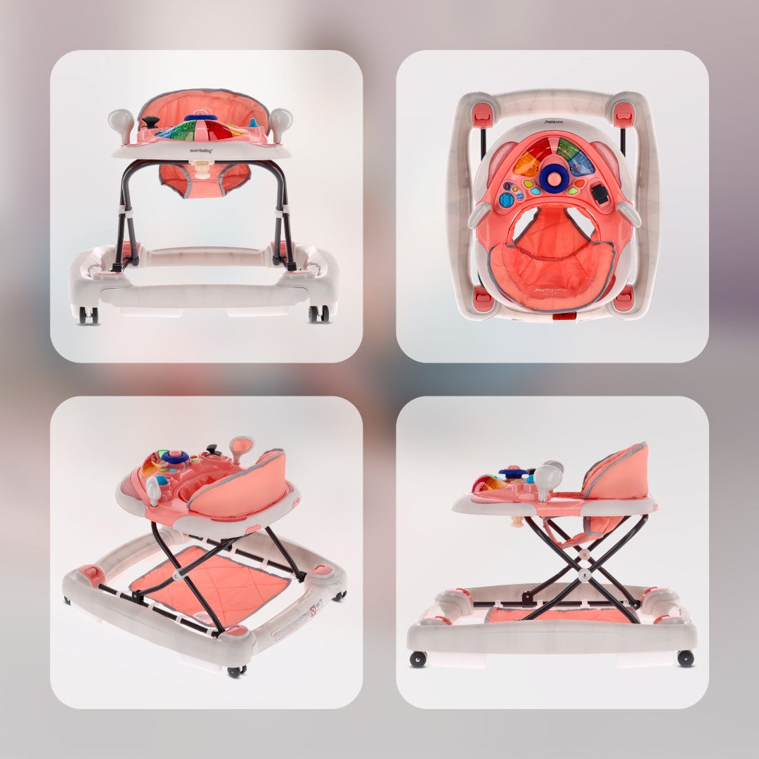 Interaktywny chodzik dla dziecka kołyska z kierownicą różowo szary