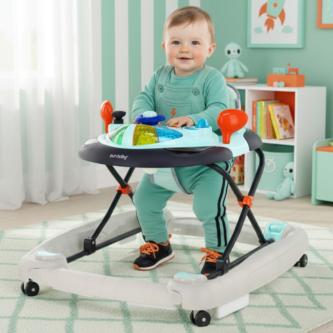 Interaktywny chodzik dla dziecka kołyska z kierownicą niebiesko szary