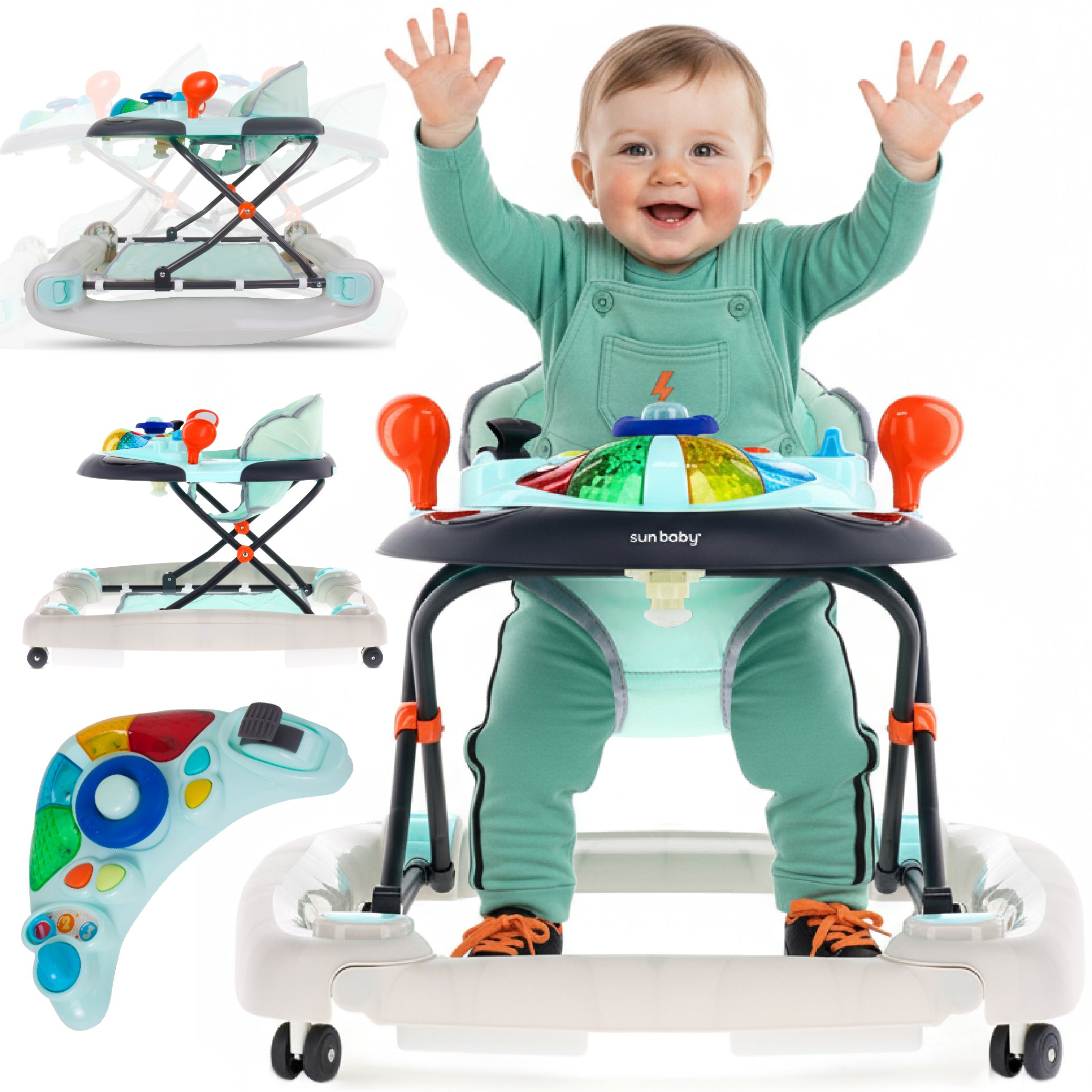 Interaktywny chodzik dla dziecka kołyska z kierownicą niebiesko szary