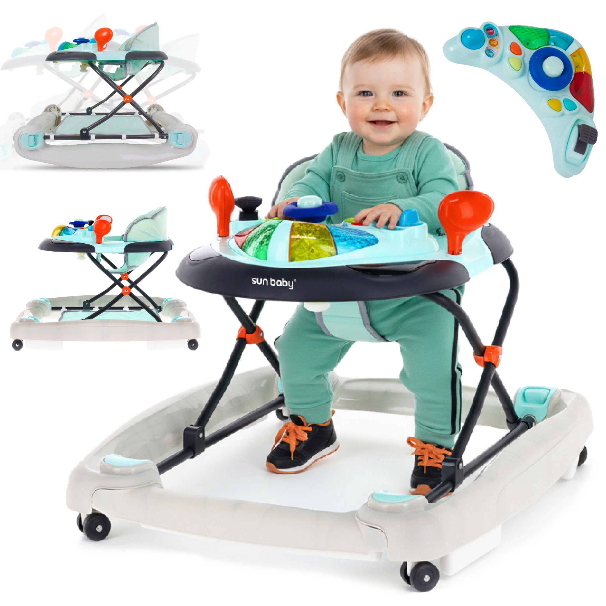 Interaktywny chodzik dla dziecka kołyska z kierownicą niebiesko szary