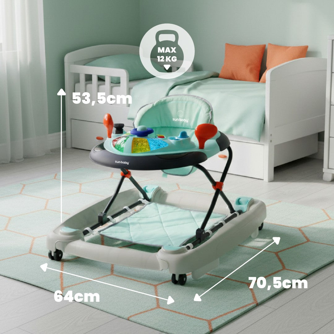 Interaktywny chodzik dla dziecka kołyska z kierownicą niebiesko szary