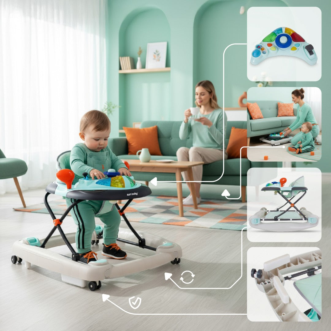 Interaktywny chodzik dla dziecka kołyska z kierownicą niebiesko szary