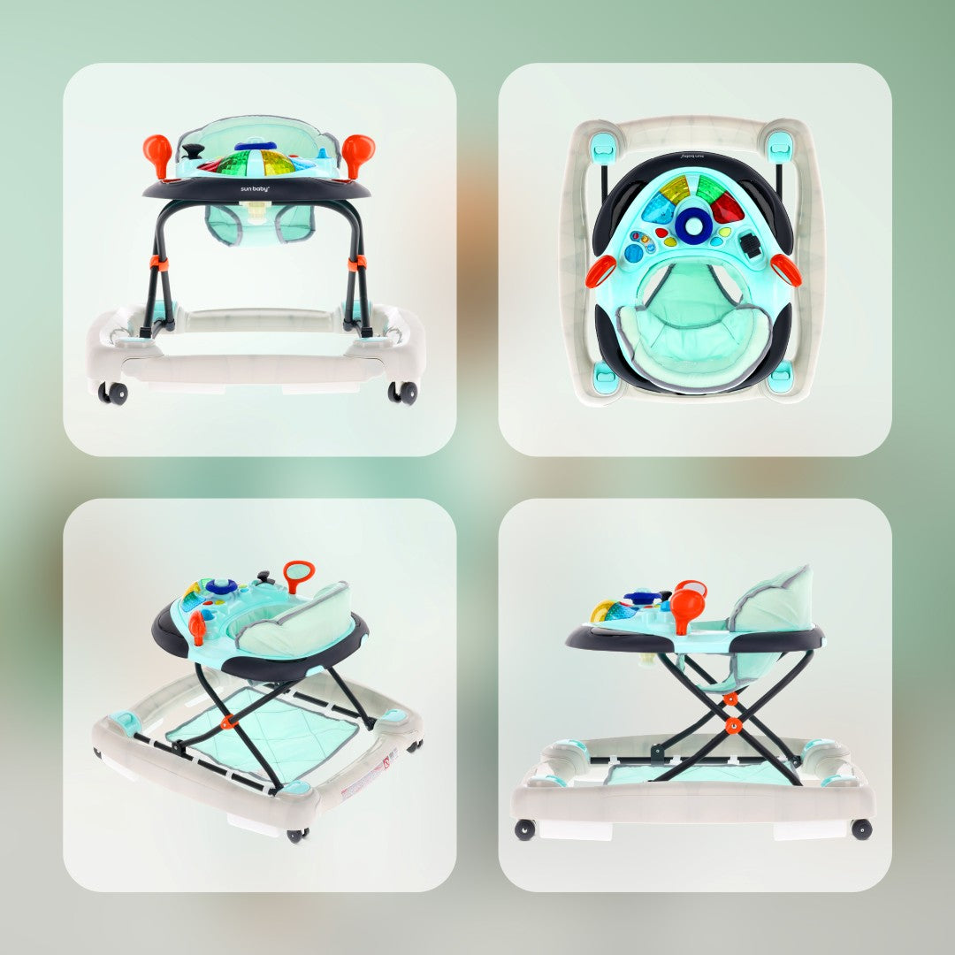 Interaktywny chodzik dla dziecka kołyska z kierownicą niebiesko szary