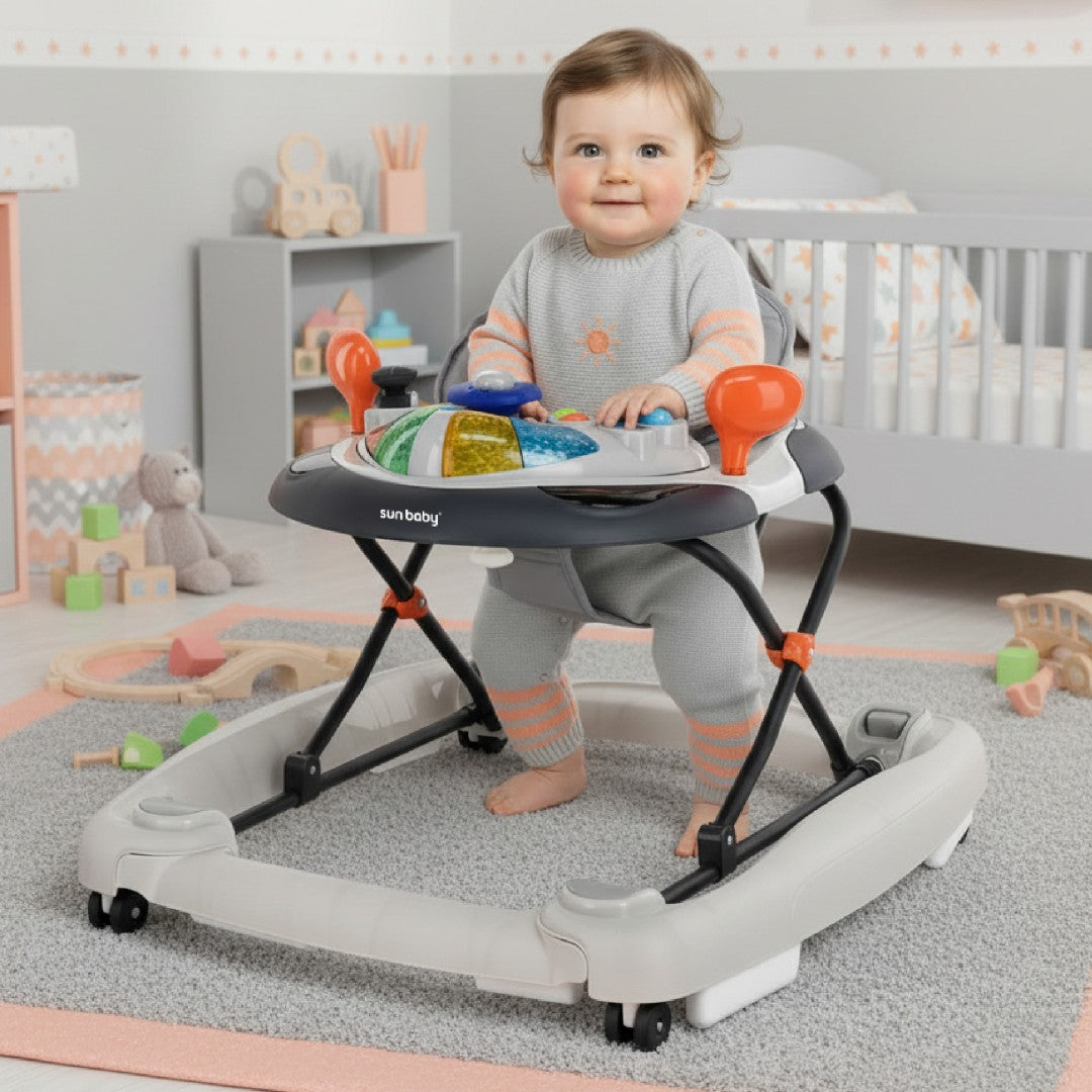 Interaktywny chodzik dla dziecka kołyska z kierownicą szary