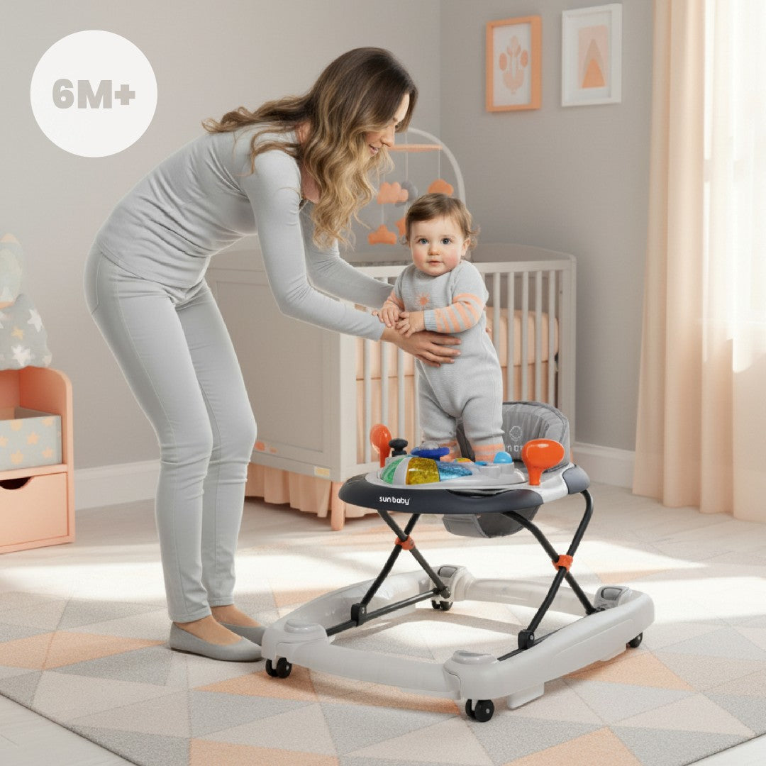 Interaktywny chodzik dla dziecka kołyska z kierownicą szary