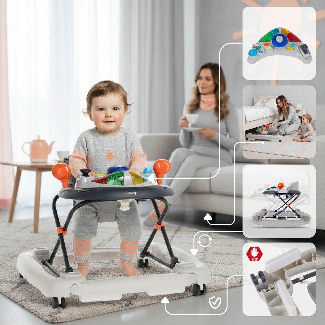 Interaktywny chodzik dla dziecka kołyska z kierownicą szary